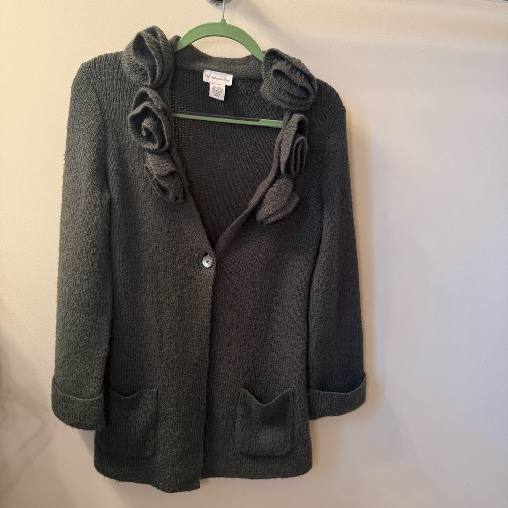 Soft Surroundings Gray Green Rosette Cardigan Alpaca Wool Blend Size Small